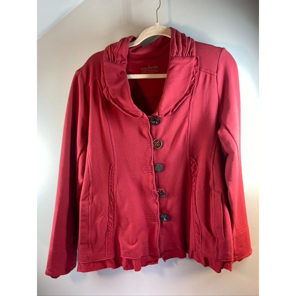NEON BUDDHA WOMENS XLARGE RED BUTTON JACKET TOP RUFFLE TRIM